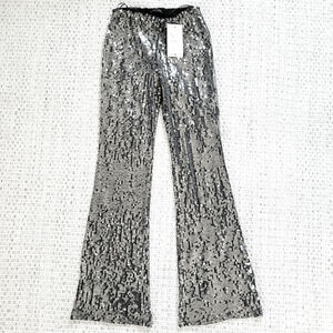 ZARA NWT Womens Small Flare Sequin Pants Black Silver Sparkly Party Glitter